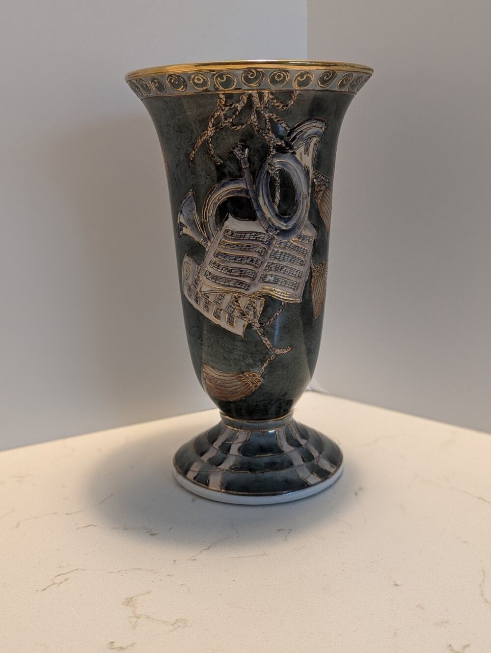 TOYO 9" Gold Tone Trim Jade Green Music Design Ceramic Vase Asian Traditional
